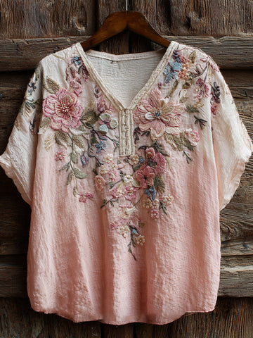 Vintage Pink Floral Art Embroidery Washed Short Sleeve V-neck Top
