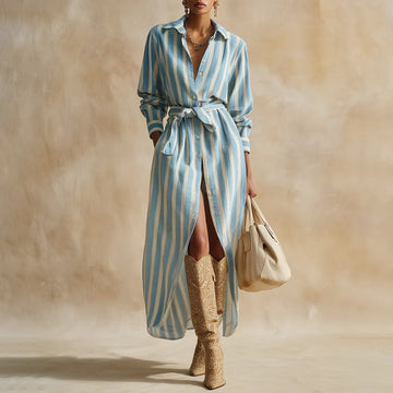 Casual Vertical Striped Lapel Long-sleeved Shirt Dress