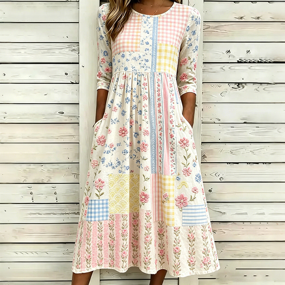 Vintage Cottagecore Floral Art Comfy Plaid Linen Maxi Dress