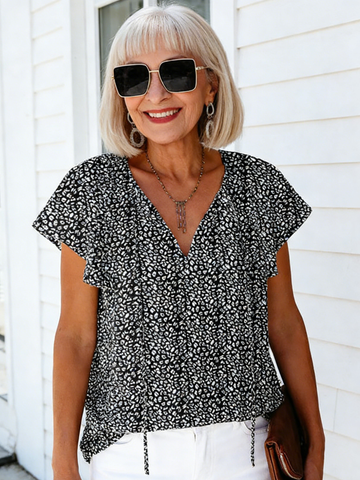 Vibrant Floral Short Sleeve Ruffle Tops - Loose Fit, V Neck, Casual, Boho Chic, Summer & Fall Essential - Womens Blouses for Everyday Wear