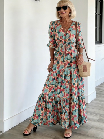 Women Floral Boho Dress Casual Long Sleeve High Elastic Waist Ruffle A-Line Flowy Maxi Dresses