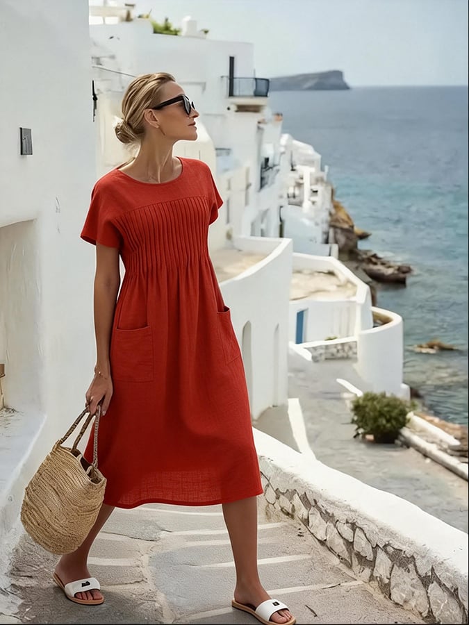 Women'S Solid Color Round Neck Pleated Short-Sleeved Dress