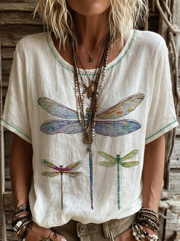 Women's Bohemian Dragonflies Art Casual Linen T-shirt