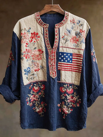 Independence Day Vintage Floral Embroidery Women's Linen V-neck Shirt