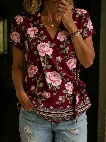 Women's Vintage Ethnic Floral Print Casual Cross-over Tie Neck Top