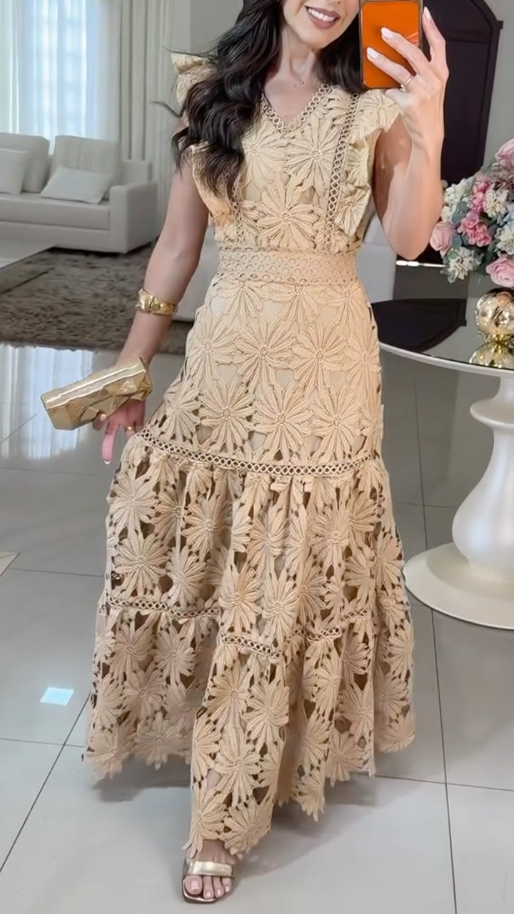 Floral Eyelet Crochet Tiered Maxi Dress
