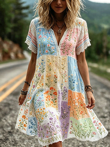 Women's Colorful Floral Art Embroidery Patchwork Linen Blend V-neck Short Sleeve Mini Dress