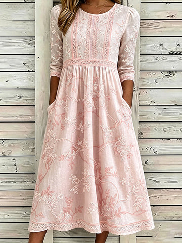 Women's Vintage Floral Art Flowy Linen Round Neck Dress