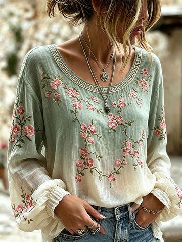 Women's Japanese Cherry Blossom Art Print Crew Neck Linen Blend T-shirt