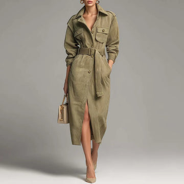 Retro Fashion Green Corduroy Workwear Midi Dress