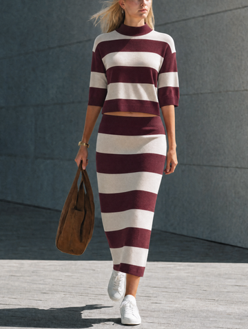 Women's Casual Red And White Striped Knit Top And Skirt Two-Piece Set MDZ2529H4LXY