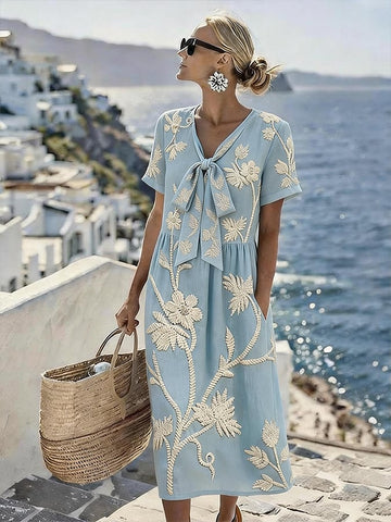 Women'S Casual Color-Block Cotton And Linen Dress