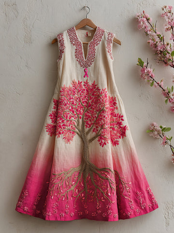 Women's Tree Of Life Pink Ribbon Embroidery Tank Maxi Dress