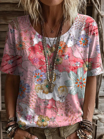 Women's Vintage Floral Art Print Flowy Short Sleeve Tshirt