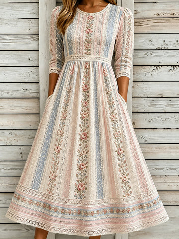 Women's Vintage Floral Patchwork Art Round Neck Midi Dress