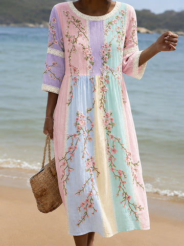 Women's Vintage Patchwork Floral Embroidered Art Midi Dress