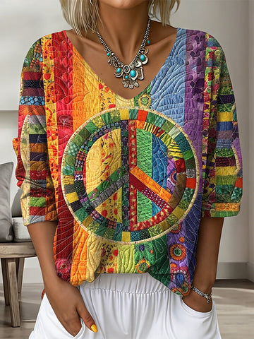 Women's Vintage Rainbow Hippie Peace Pattern Print Flowy Linen Blend  T-shirt
