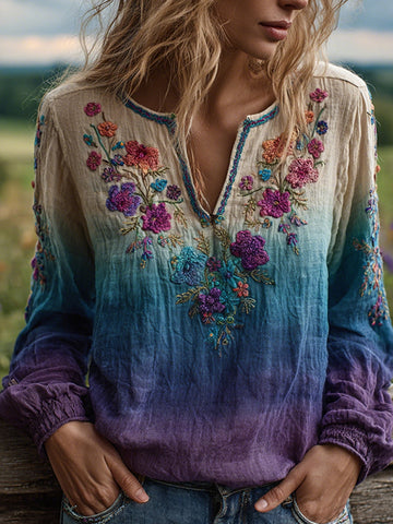 Women's Boho Floral Gradient Pattern Cozy Top