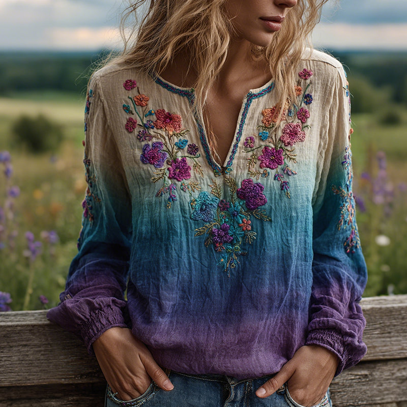 Women's Boho Floral Gradient Pattern Cozy Top