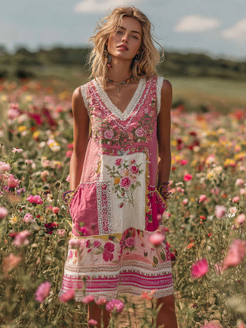 Women's Embroidered Rose Patchwork Midi Dress