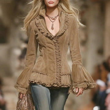 Women's Vintage Elegant Brown Ruffled Blouse With Velvet Texture