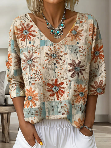 Women's Bohemian Vintage Floral Art Print Flowy Linen Blend Casual Tops