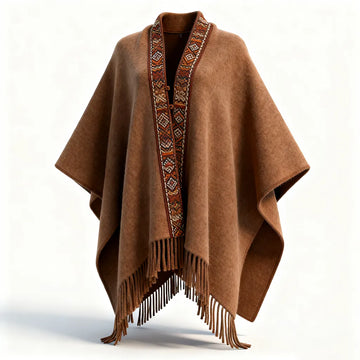 Women's Brown Cape Jacket With Ethnic Print And Fringe Details