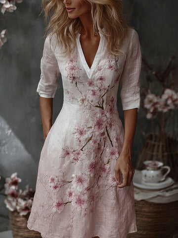 Women's Exquisite Embroidered Print Art Casual Linen Short Sleeved Dress
