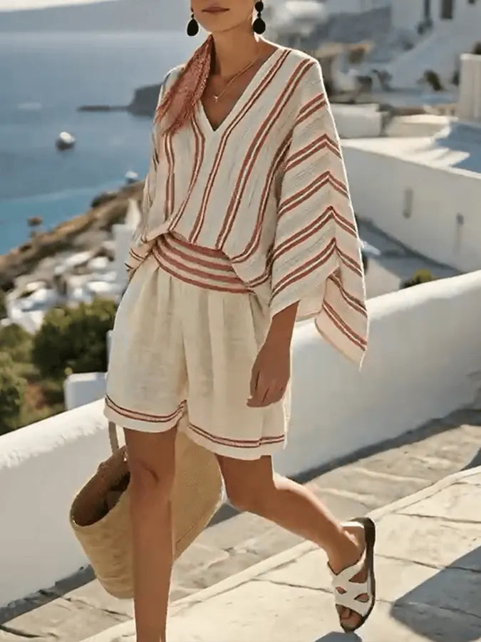 Women'S Loose Striped Holiday Shorts Set