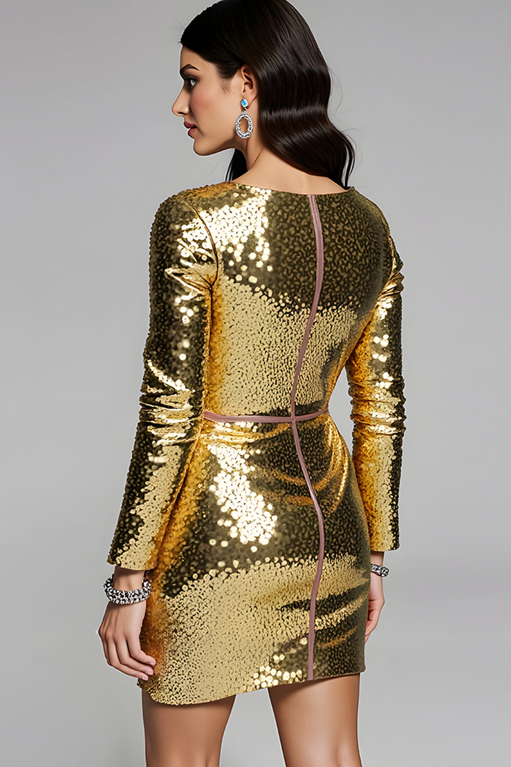 Sparkly Golden V-Neck Sequin Short Homecoming Dress with Sleeves