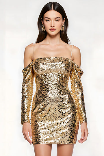 Sparkly Sequin Golden Cold Shoulder Short Homecoming Dress with Sleeves