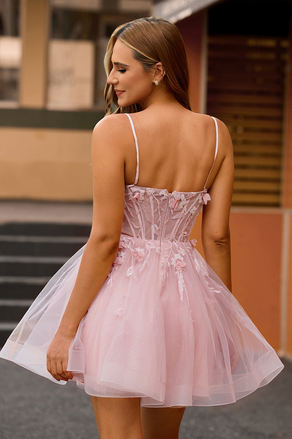 Pink Corset Spaghetti Straps A Line Floral Short Appliqued Homecoming Dress