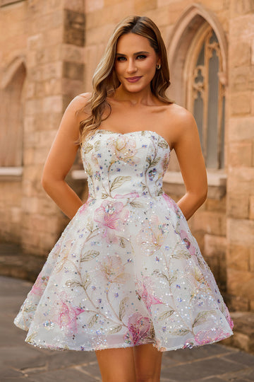 Sparkly Pink Floral Strapless A Line Short Sequined Homecoming Dress