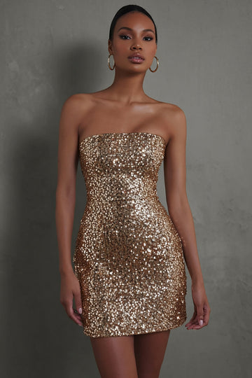 Sparkly Gold Strapless Sequin Bodycon Short Cocktail Dress