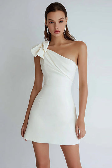 Ivory A Line Satin One Shoulder Short Bridal Shower Dress with Bow