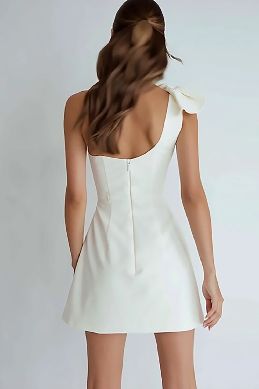 Ivory A Line Satin One Shoulder Short Bridal Shower Dress with Bow