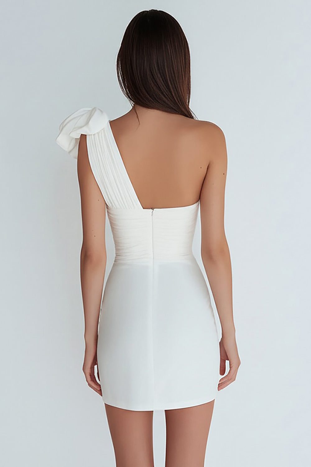 Ivory Satin One Shoulder Ruched Short Bodycon Bridal Shower Dress with Bow