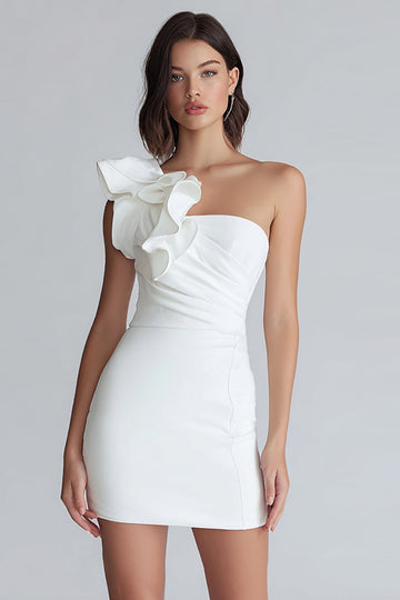 Ivory Bodycon One Shoulder Satin Short Bridal Shower Dress