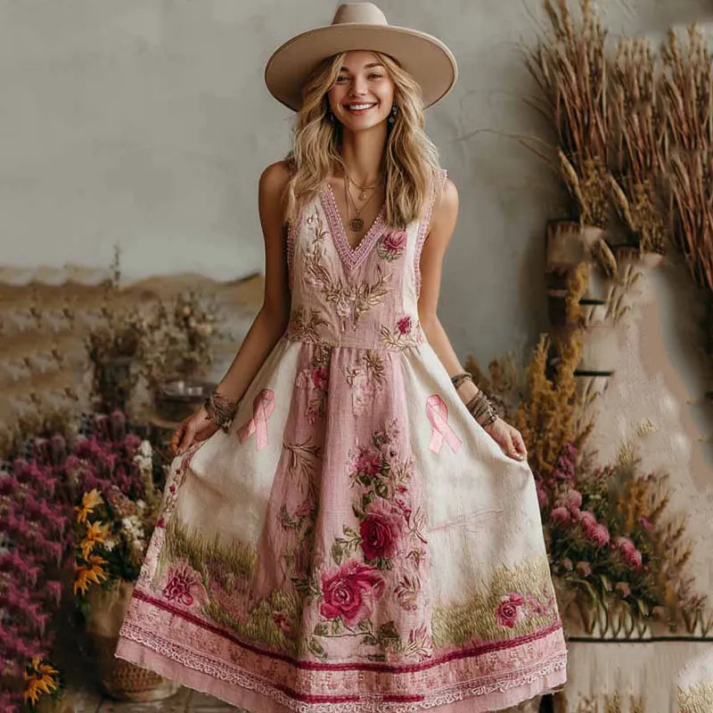 Vintage Classy Gradient Pink Roses Cancer Awareness Ribbon Embroidered Linen Maxi Dress
