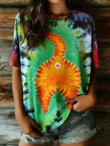 Women's Hippie Abstract Cat Tie-dye Pattern Casual T-shirt