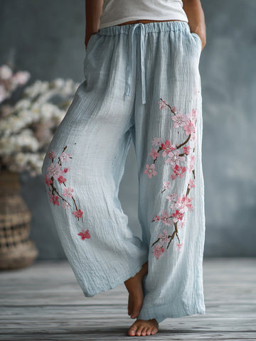 Women's Japanese Floral Pattern Linen Pants