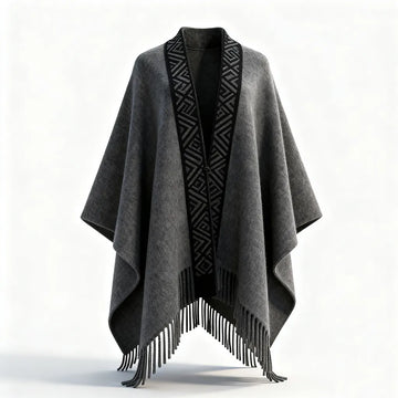Women's Elegant Gray Cape Jacket With Geometric Pattern And Fringe Detail