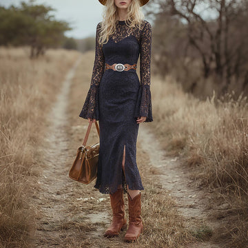 Boho Black Crew Neck Lace Belted Midi Dress