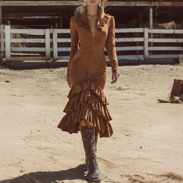 Elegant Western Style Ruffle Hem Zipper Brown Faux Suede Midi Dress