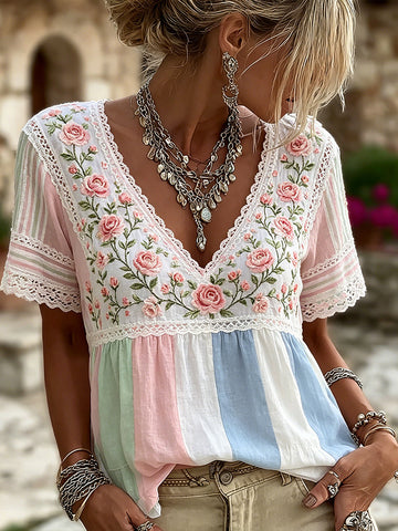 Women's Retro Rose Lace Art Embroidery Color Block Splicing Comfortable Cotton Linen V-neck Short Sleeve T-shirt