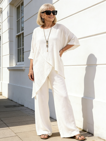 2Pcs Set Cotton and Linen Sleeves Round Neck Loose Casual Irregular Hem Set