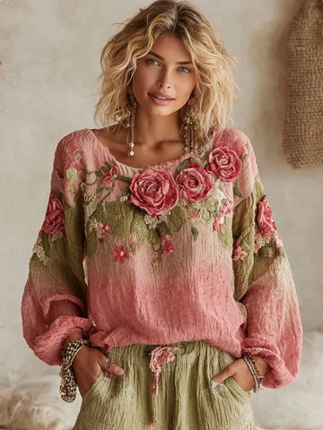 Women's Rose Embroidery Art Round Neck Loose T-shirt