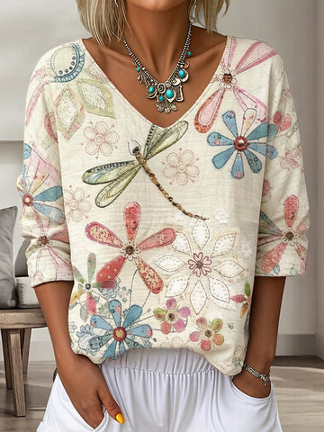 Women's Vintage Floral In Gradient Art Print Flowy Linen Blend  Three-quarter Sleeve V Neck Linen Tops