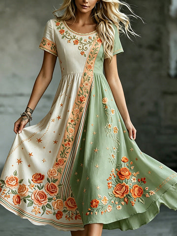 Women's Retro Bohemian Rose Irregular Casual Round Neck Dress