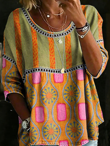 Women's Vintage Abstrct Art Print Flowy Linen Blend Casual Tops